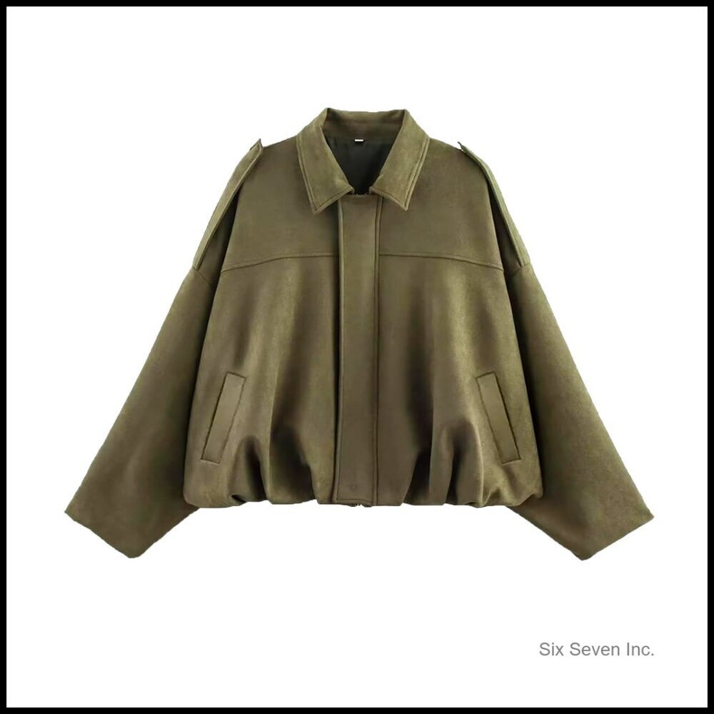 Faux Suede Bomber Jacket Oversized Streetwear Pilot Cropped Coat Casual